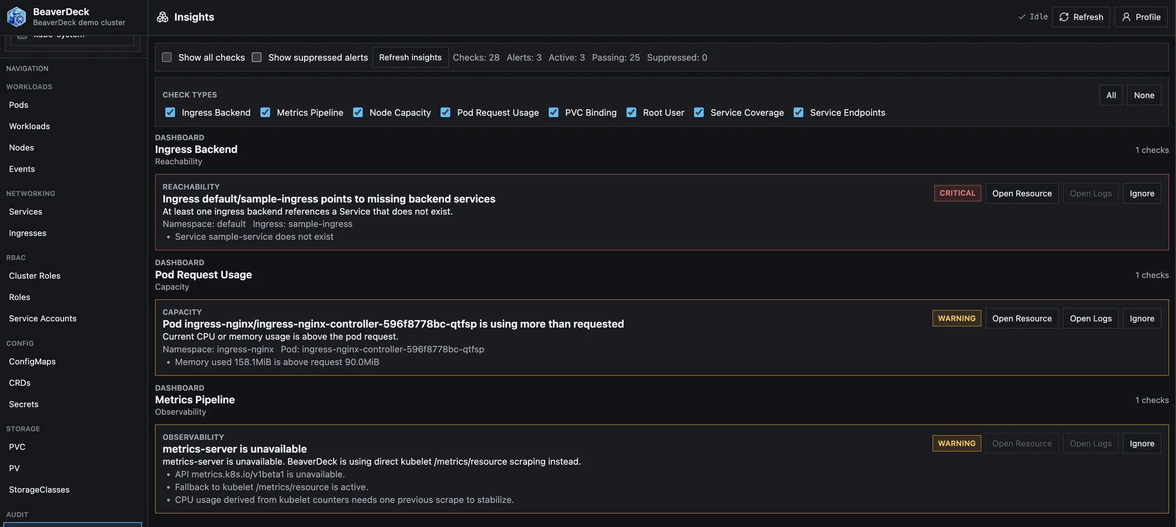 BeaverDeck Insights view with critical and warning findings and actions to open resources and logs