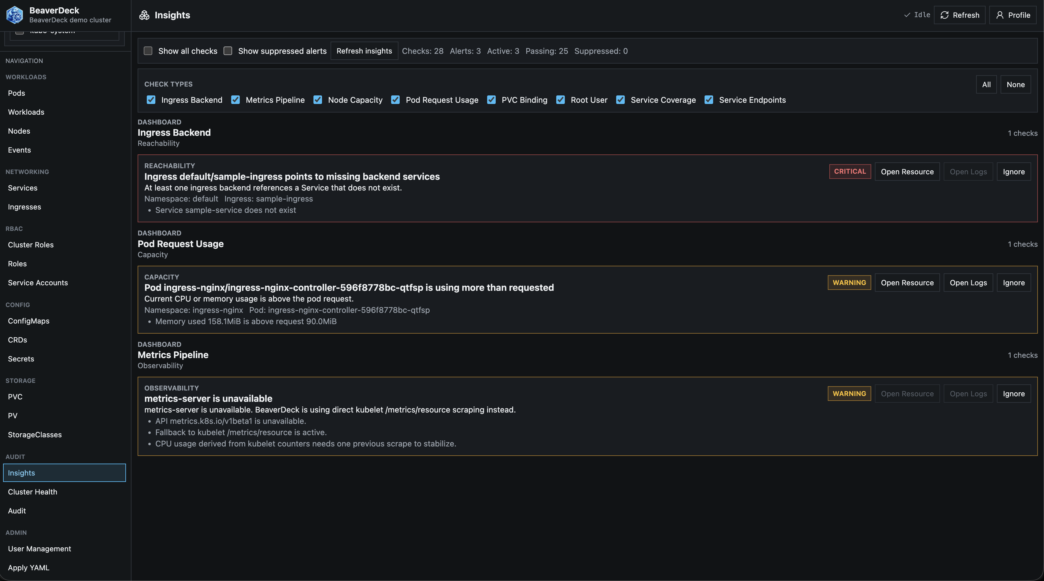 BeaverDeck Insights screen